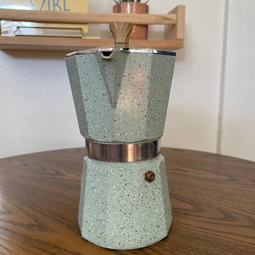 Grosche Milano Moka Pot Stovetop Espresso Maker Mint Green Speckled Wood Handle